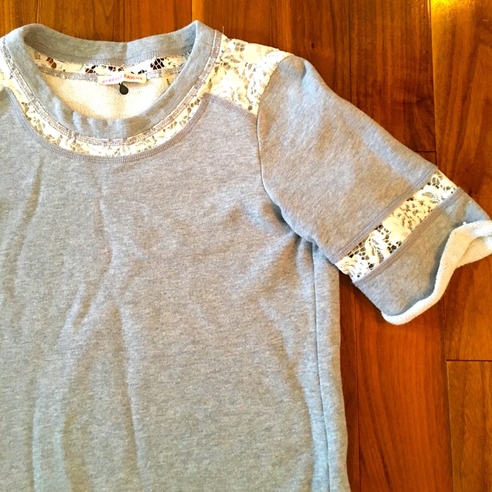 Small Rebecca Taylor Lace shoulder cotton terry sweatshirt tunic top grey